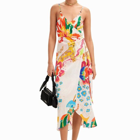 NEW DESIGUAL womens JUNGLE DESIGN WRAP MIDI DRESS Size S - Picture 8 of 8